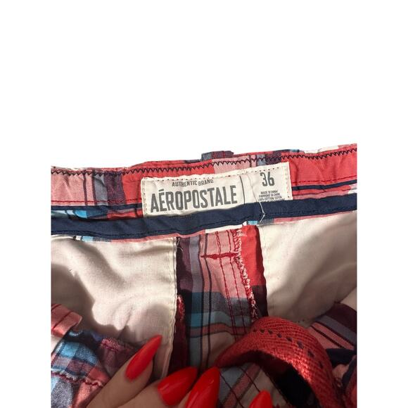 Aeropostale Red Blue Plaid Drawstring Shorts Men’s Size 36 Cotton Casual - Picture 7 of 9